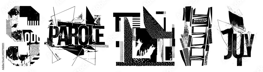 Obraz premium Vector Abstract typographic features bold fragmented letters and geometric shapes.