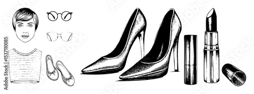 Vector Elegant fashion featuring womans face accessories shoes and cosmetics.