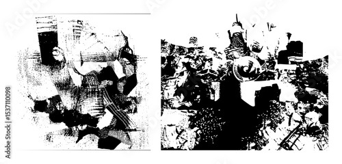 Vector Illustrative figures with weapons in dynamic conflict scene.