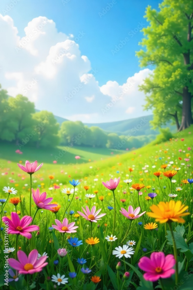 Fototapeta premium Vibrant wildflowers blooming in a lush meadow under a bright spring sky, symbolizing rebirth and renewal in nature , sunlight, wildflower meadow, tranquility