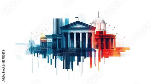 Digital illustration of government buildings on white background 