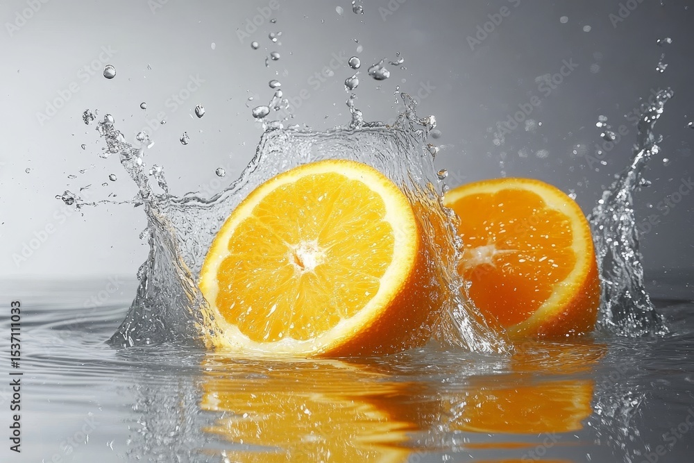 Sliced oranges splashing into water, creating dynamic droplets and ripples. Sliced oranges splashing into water, creating dynamic droplets and ripples.