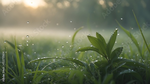 Dew-kissed Grass: Close-up shot of fresh, verdant grass blades glistening with tiny water droplets, bathed in the soft, ethereal light of the early morning.