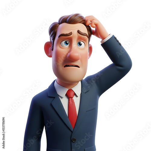 Confused businessman scratching his head, 3D cartoon illustration.
