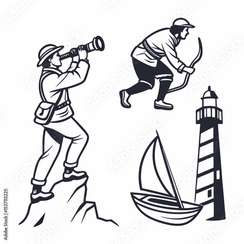 Coastal explorers lighthouse sailboat adventure scene