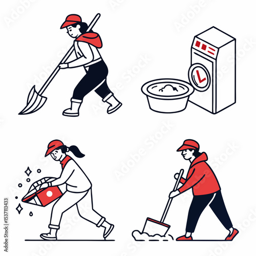 Professional cleaning service workers illustrations, transparent background