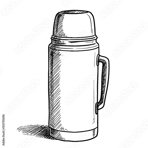 Thermos bottle with handle in sketch style on white background  