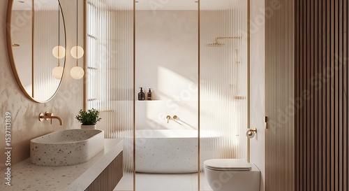 Contemporary bathroom design with terrazzo finishes and glass panel shower enclosure