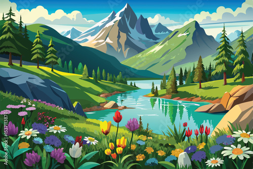 mountain landscape with lake and mountains