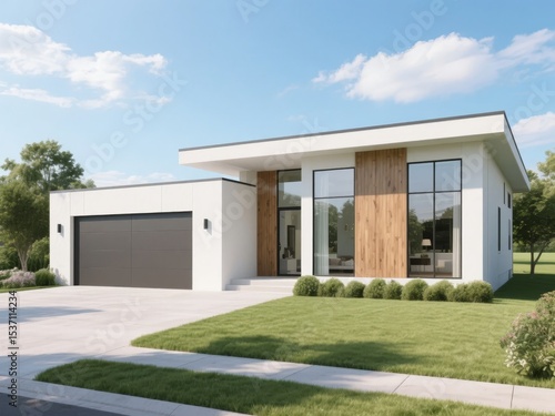 Modern single-story house with a sleek design, featuring large windows and a well-maintained lawn.