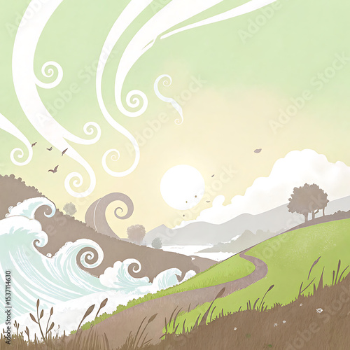 Illustration of a scenic landscape featuring hills a winding path the ocean waves and stylized swirling elements.