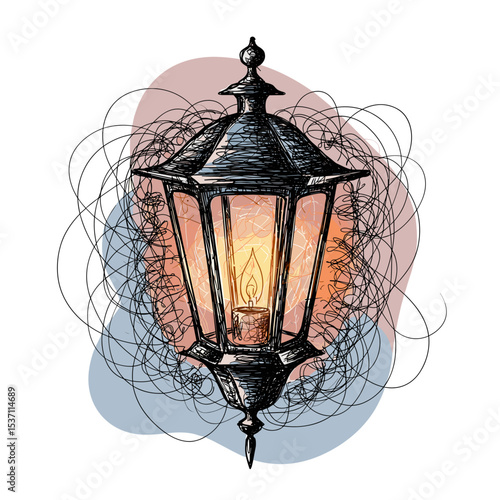 Vintage lantern with candlelight surrounded by abstract swirls  