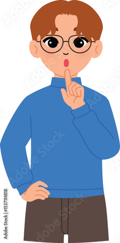 friendly man character hand on hips and index finger up, smile male teacher wear eyeglasses and tell student quiet gesture illustration
