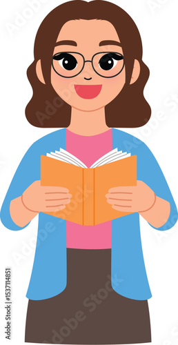 friendly woman character hold open book, smile female teacher wear eyeglasses and teaching , read out loud illustration