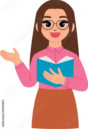 friendly woman character hold open book, smile female teacher wear eyeglasses and teaching , pointing hand illustration