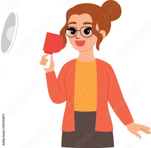 friendly woman character announcement, smile female teacher wear eyeglasses and using megaphone to inform illustration