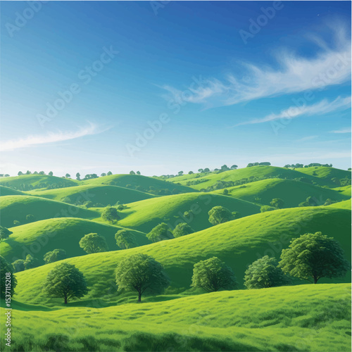 Green rural landscape with fields, hills, and a blue sky