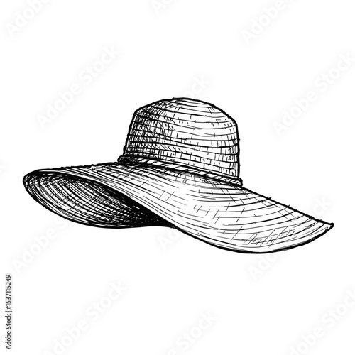 Wide-brimmed straw hat illustrated in a hand-drawn style  