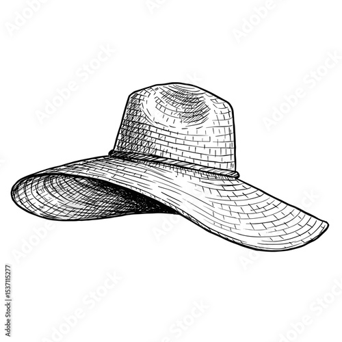 Wide-brimmed straw hat illustration in black and white design  