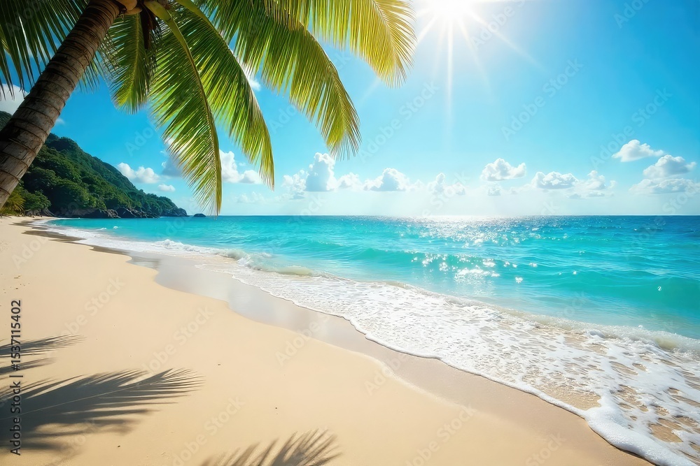 Obraz premium Sun-drenched golden sand meets turquoise ocean waves on a pristine beach Perfect for travel, vacation, or summer themed projects Tranquil seascape, idyllic coastal scene , coast, horizon