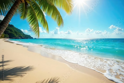 Sun-drenched golden sand meets turquoise ocean waves on a pristine beach Perfect for travel, vacation, or summer themed projects Tranquil seascape, idyllic coastal scene , coast, horizon