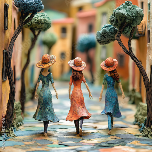 Fototapeta Naklejka Na Ścianę i Meble -  Three women are walking down a street, each wearing a straw hat. The hats are different colors, and the women are dressed in blue and orange. The scene is set in a city