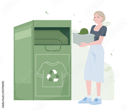 A woman standing near green donation bin, holding box of used clothes, ready to recycle them into container. Clean flat style on white background. Concept of sustainable fashion. Vector illustration