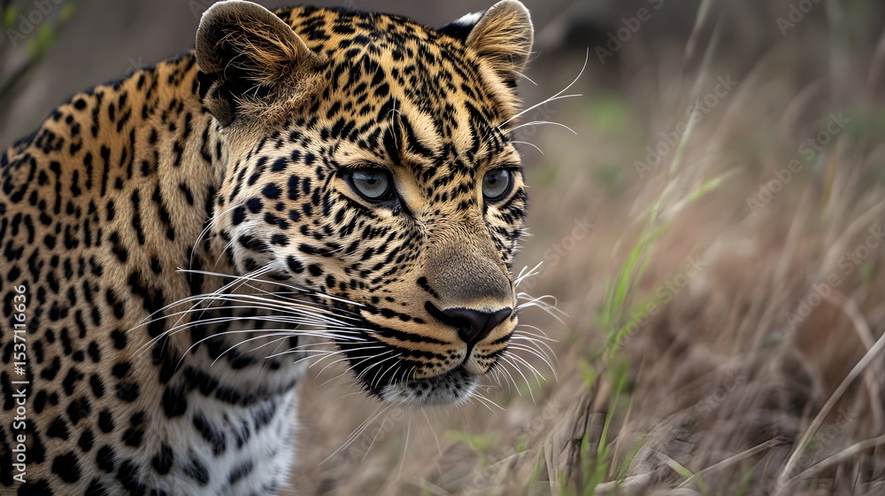 Fototapeta premium Majestic Leopard Close Up Portrait in Grassland