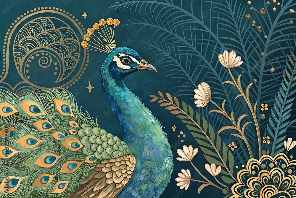 Fototapeta premium Artistic peacock background with retro golden brushstrokes and decorative elements Generated AI