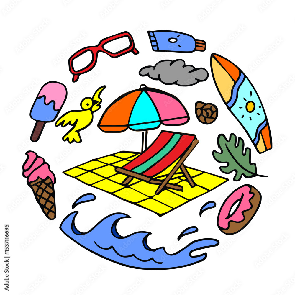 Naklejka premium summer set doodle style hand drawn sketch vector illustration