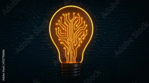 A glowing light bulb with intricate circuit design, symbolizing innovation and technology. Ideal for themes of creativity, artificial intelligence, and the future of energy.