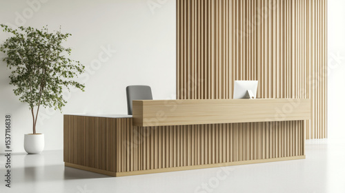 Reception counter mockup Modern style front interior registration copy space desk design indoor decoration front view wood material monitor green plant decor