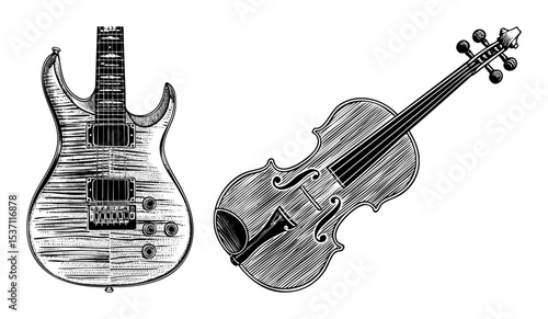 Vector Detailed vector of a modern electric guitar and a classic violin.