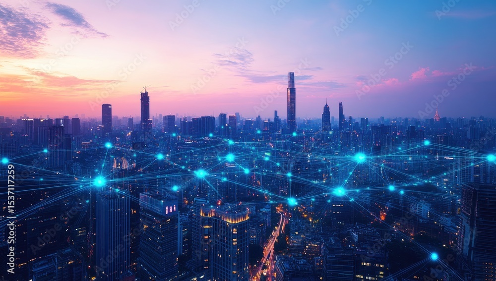 Obraz premium Connected urban skyline at twilight