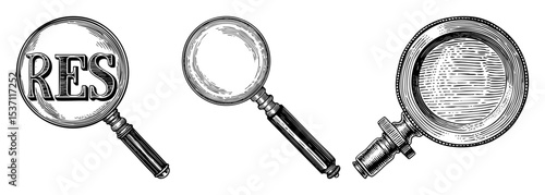 Vector Vintage magnifying glasses with typographic and empty lens illustrations.