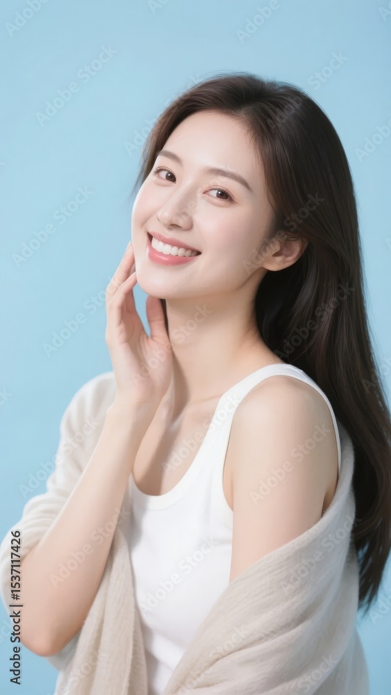 A woman with a gentle smile, wearing a white top and light shawl, against a soft blue background. A woman with a gentle smile, wearing a white top and light shawl, against a soft blue background.