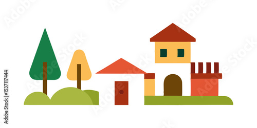 house and village courtyard vector art illustration