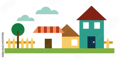 house and village courtyard vector art illustration