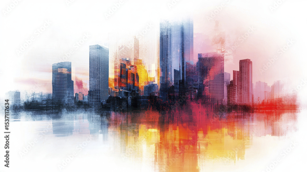 vibrant city skyline reflecting on water, showcasing modern architecture and colorful hues of orange, red, and blue vibrant city skyline reflecting on water, showcasing modern architecture and colorful hues of orange, red, and blue