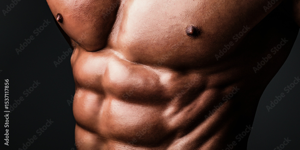 Naklejka premium Muscular male body. Sexy male naked torso. Strong man with muscular body. Sexy male bare torso. Shirtless athletic hot guy with muscular abs. Mans powerful. Muscular man showing six pack abs.