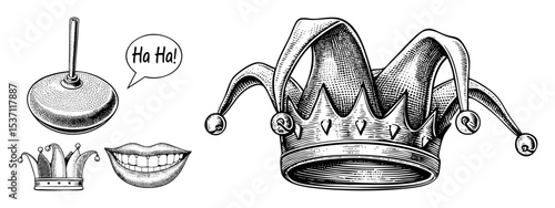 Vector Vintage jester elements including hat bells and smiling mouth .