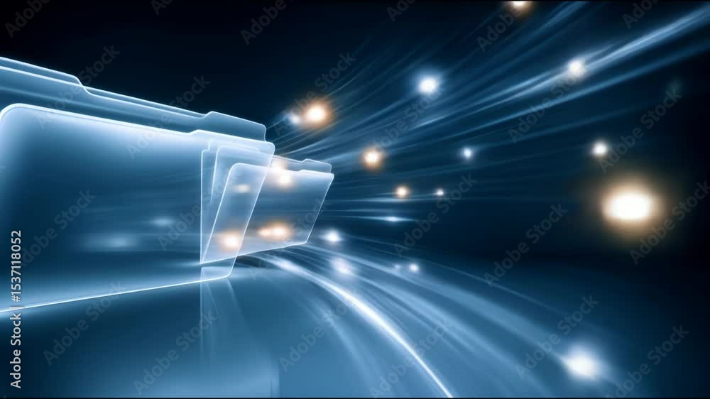 Digital folder glowing light trails showcasing fast data transfer technology and digital innovation with vibrant glowing light effects in blue tones