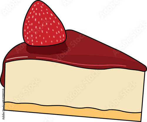 A colorful vector illustration of a slice of strawberry cheesecake. The design features a creamy cheesecake base topped with a glossy red strawberry glaze and a whole fresh strawberry.