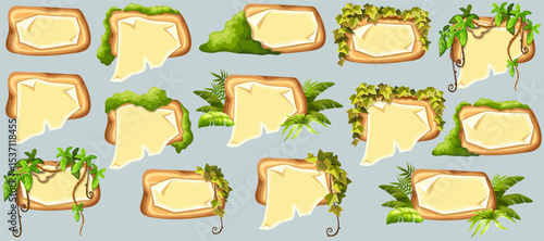 Wooden signboards with old paper, stems ivy, liana, grapes, vine, swamp moss, forest lichen. Set blank invitations, maps, jungle plants. 3d elements for messages, banners, notebooks, mobile games.