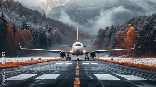 Airplane on Runway Ready for Take Off with Snowy Mountains and Autumn Forest in Background | Aviation, Transportation, Travel and Adventure Marketing