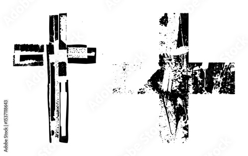 Vector Distressed cross symbols showcase rough textured elements.