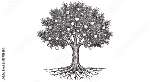 Monochrome tree with fruit illustration