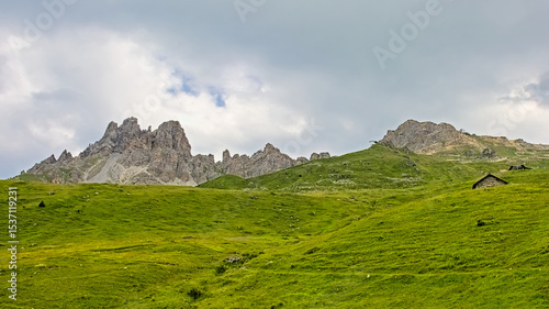 Rocky landscape with green field and granite rocks in La Vanoise national park, France. 