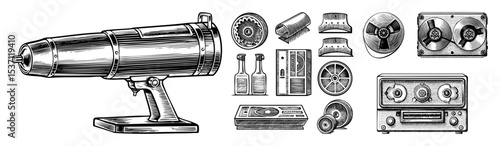 Vector Vintage astronomical equipment and audio devices set.