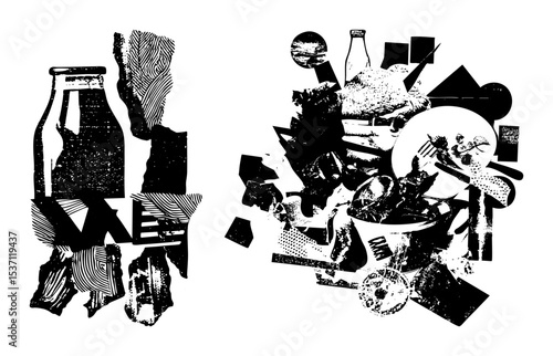 Vector Abstract arrangement of dining elements in monochrome vector style.